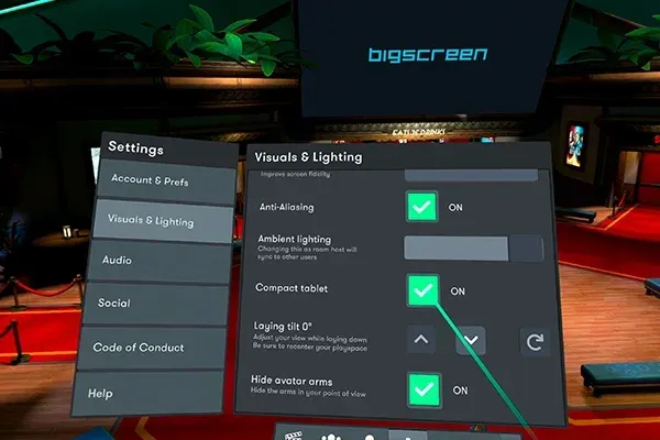 The Bigscreen Visuals and Lighting settings page with the Compact tablet toggle switched on
