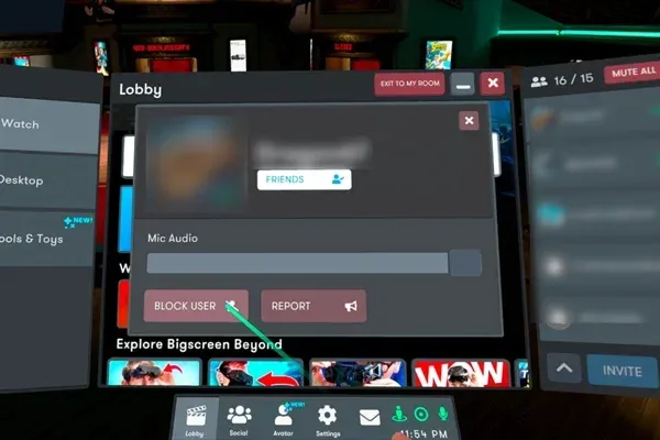 A user's quick menu in the Bigscreen lobby, showing the Mic Audio slider above the Block User and Report buttons