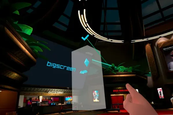 A diamond seat floating in mid-air in the Bigscreen lobby with the green confirmation checkmark above it and a controller beam pointed at it