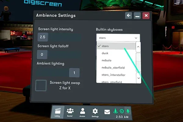 The Bigscreen Ambience Settings panel with the Builtin skyboxes dropdown open, listing stars, dusk, nebula and other environment options