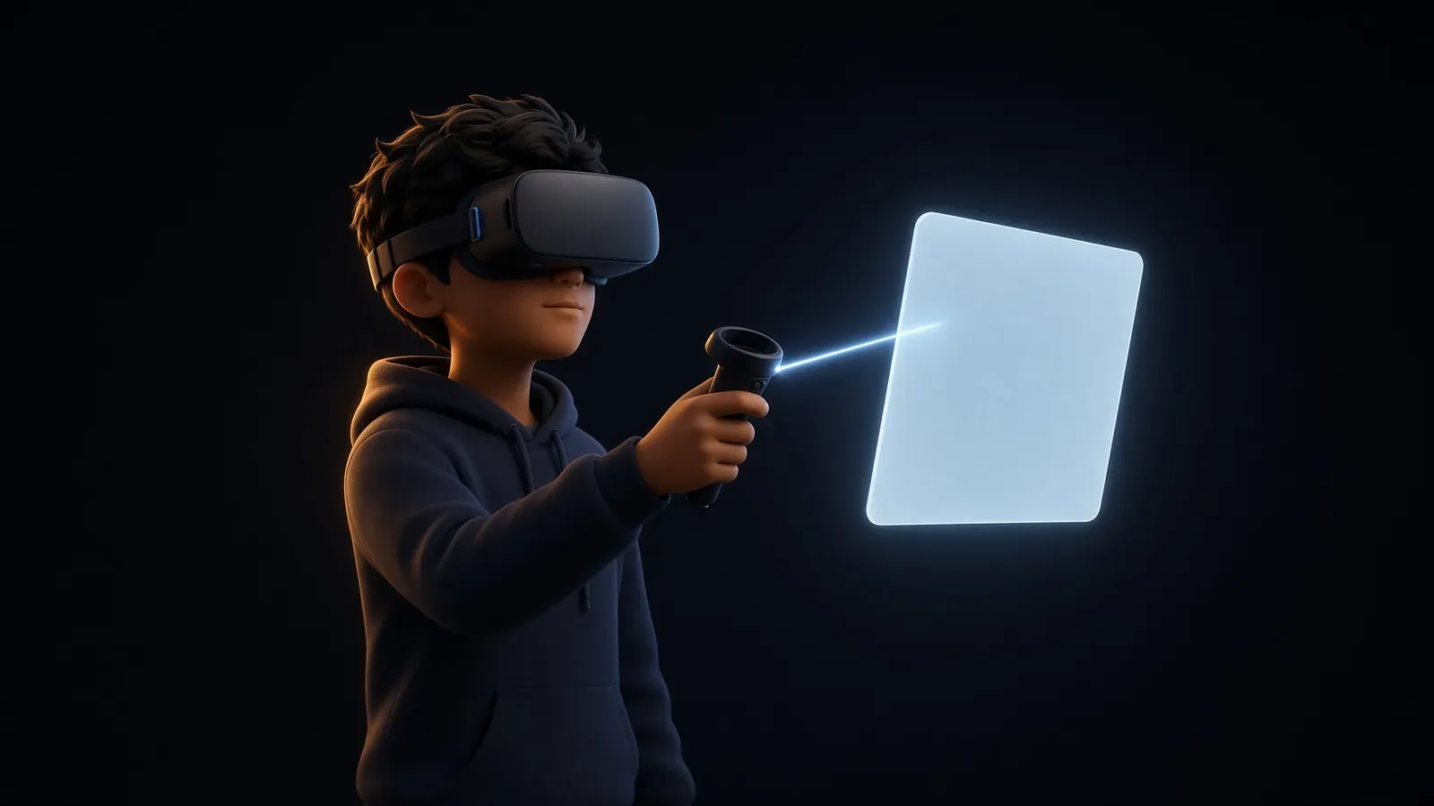 A person wearing a VR headset holds a controller that projects a thin beam of light onto a blank panel floating in front of them