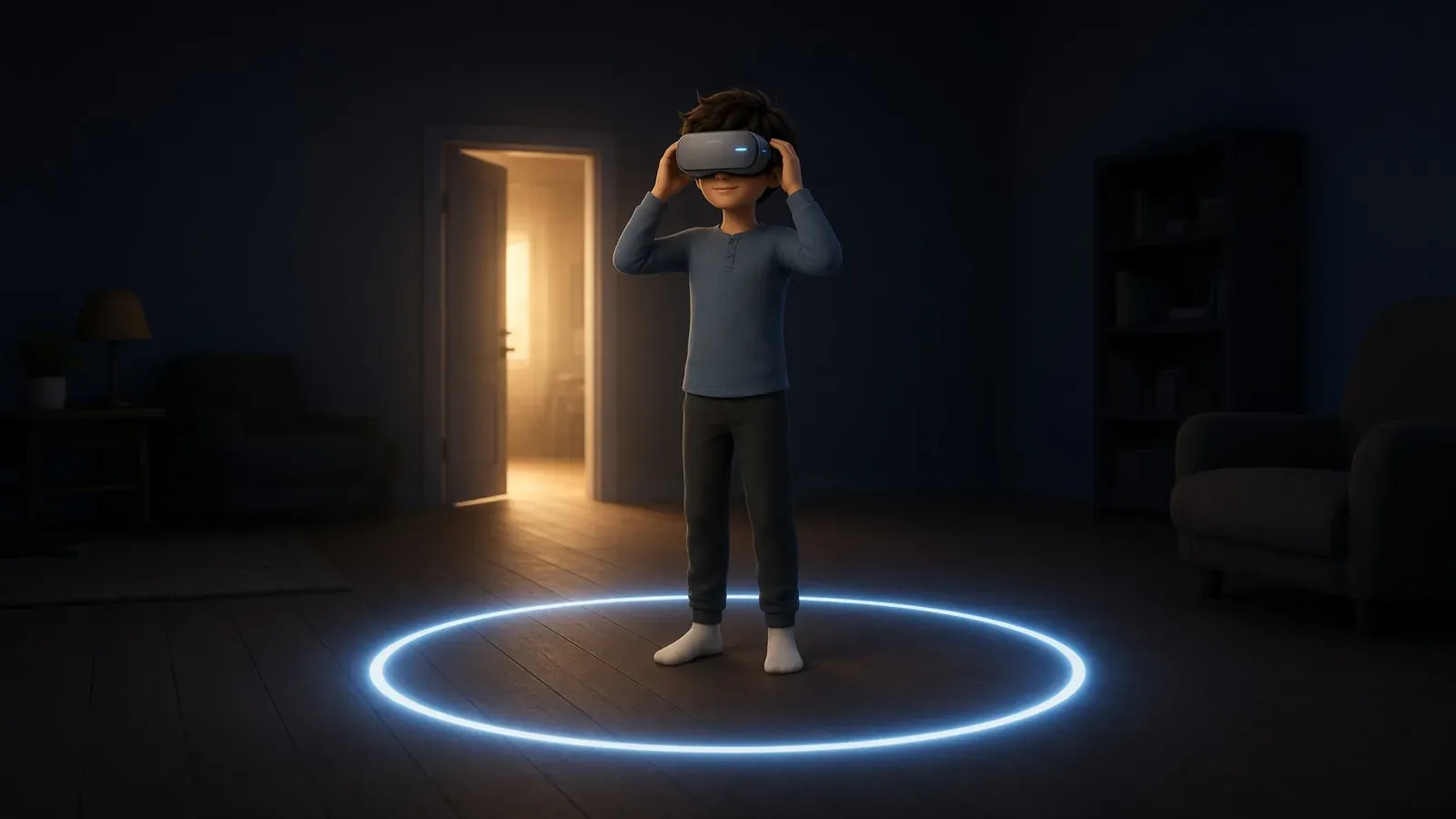 A person adjusts a VR headset with both hands while standing inside a glowing circle marked on the floor of a dim living room, with furniture pushed back to the edges
