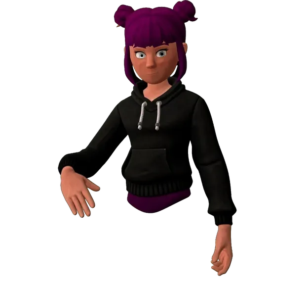 Community member with purple hair in two buns, wearing a black hoodie, one hand extended to the side