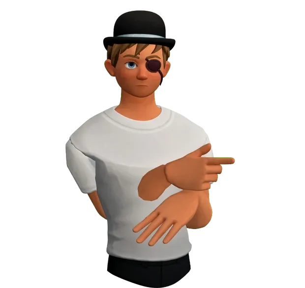 Community member in a black bowler hat and eye patch, wearing a white t-shirt, pointing to the side
