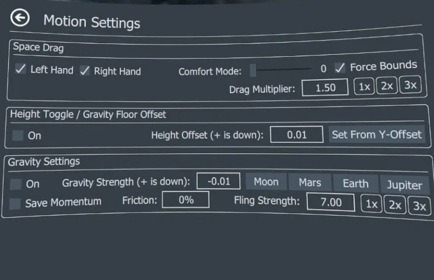 The OVR Advanced Settings Motion Settings panel with Space Drag enabled for both hands, Force Bounds checked, a drag multiplier of 1.50, and the height toggle and gravity sections left off