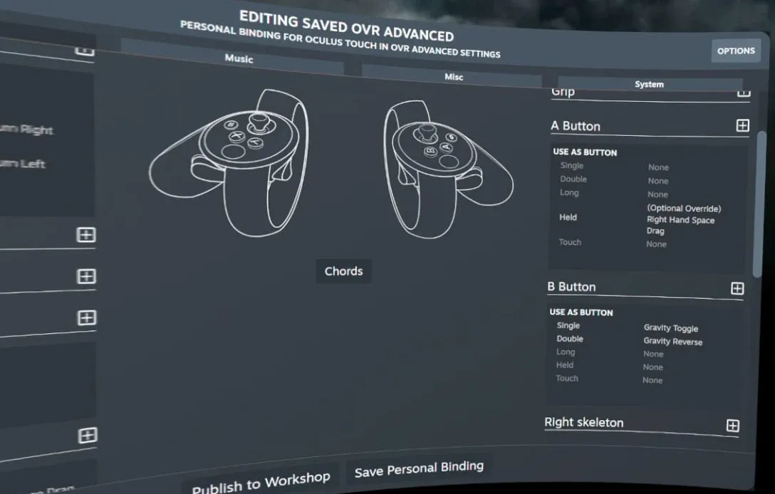 The SteamVR controller binding editor for OVR Advanced Settings, with the A button held bound to Right Hand Space Drag and the B button bound to Gravity Toggle on a single press and Gravity Reverse on a double press