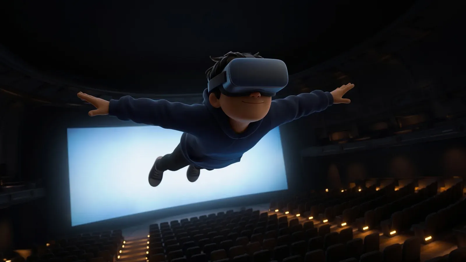 A person wearing a VR headset flies through the air with arms outstretched above rows of cinema seats, lit from below by a large bright screen
