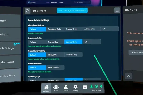 The Bigscreen Edit Room panel open on Room Admin Settings, with dropdowns for microphone settings, drawing visibility, avatar name visibility, avatar movement and spawning toys