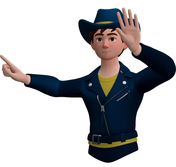 Community member in a navy jacket and wide-brimmed hat, one palm raised and the other hand pointing