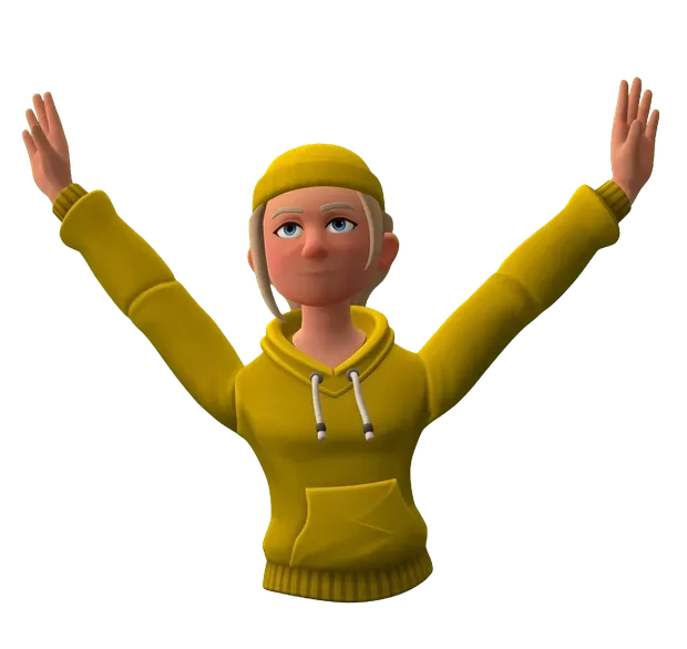 Community member in a mustard hoodie and matching beanie, both arms raised overhead