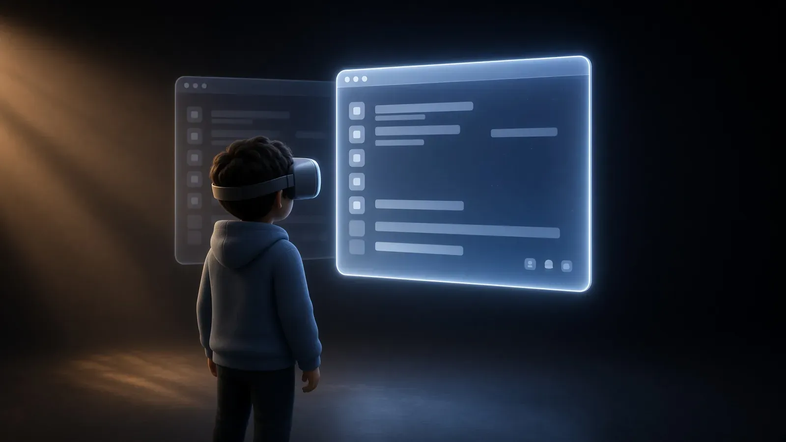 A person wearing a VR headset stands in a dark room facing two glowing desktop windows floating in the air, the nearer one bright and filled with rows of panels, the further one dimmer behind it