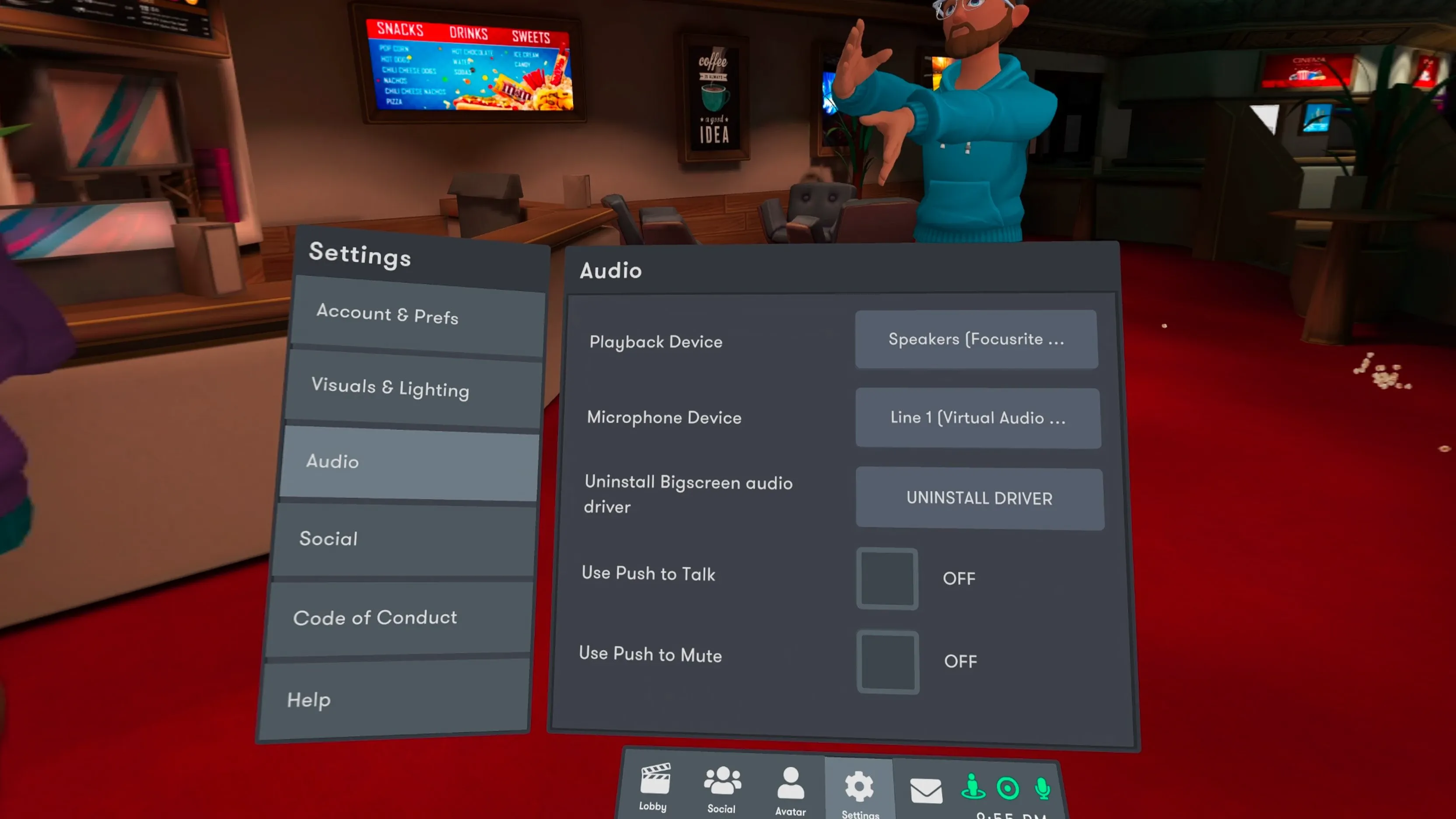 The Bigscreen Audio settings panel showing the playback and microphone device pickers, with Use Push to Talk and Use Push to Mute both set to OFF