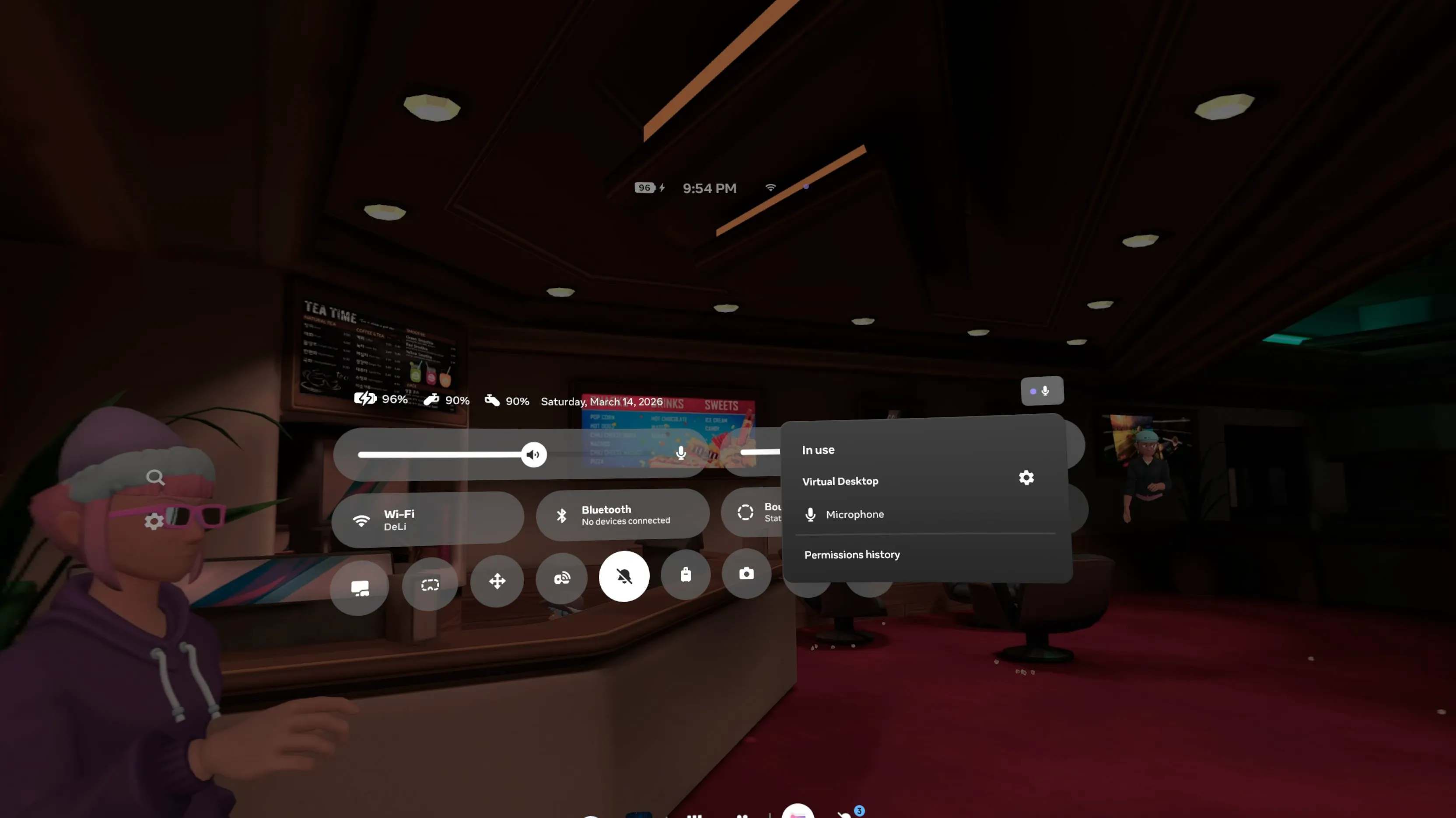 The Meta Quest quick menu with the volume slider and microphone button, and an in-use panel at the top right showing Virtual Desktop is using the microphone