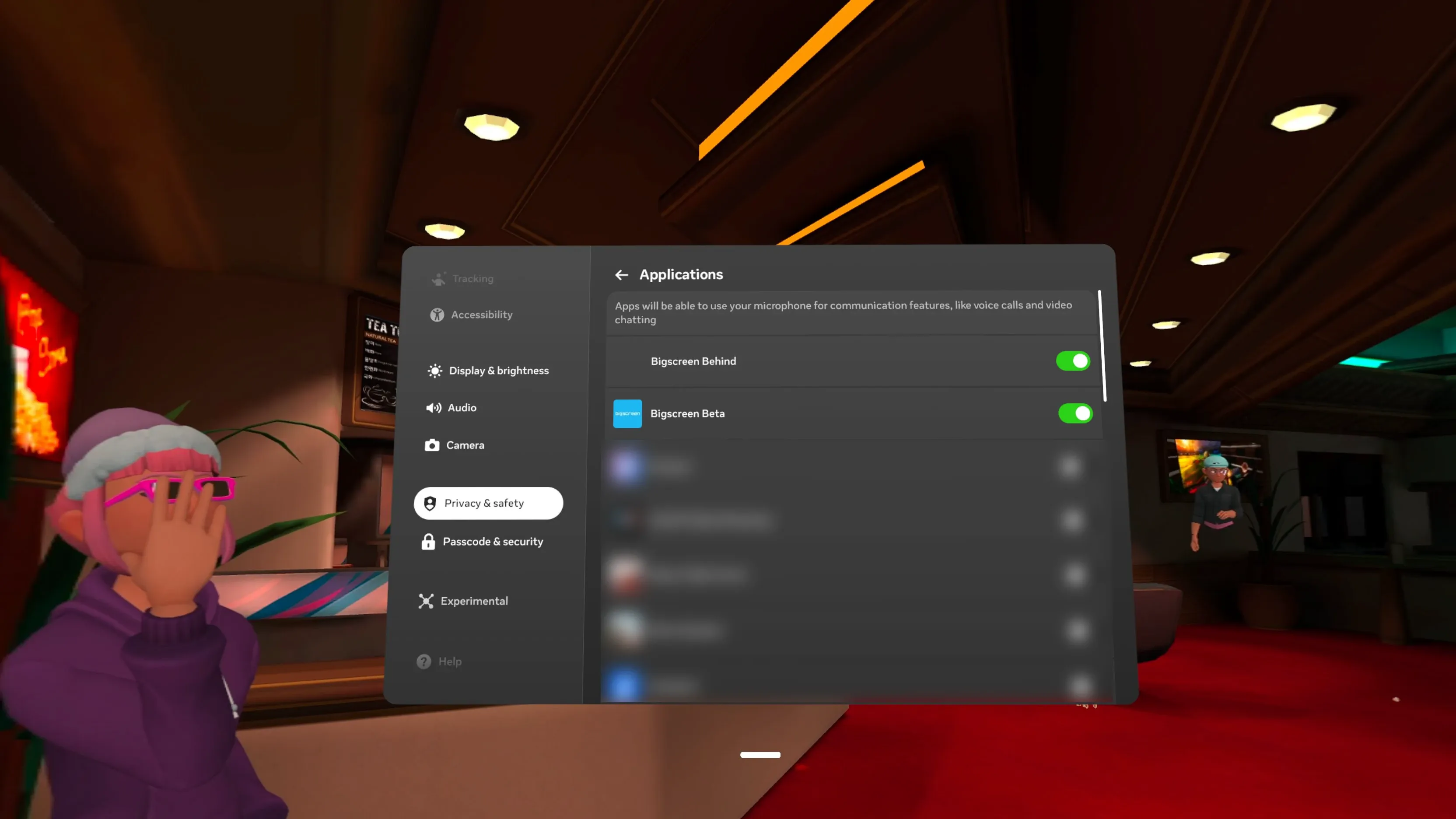 The Meta Quest Privacy and safety settings under Applications, with the microphone permission switched on for Bigscreen Behind and Bigscreen Beta