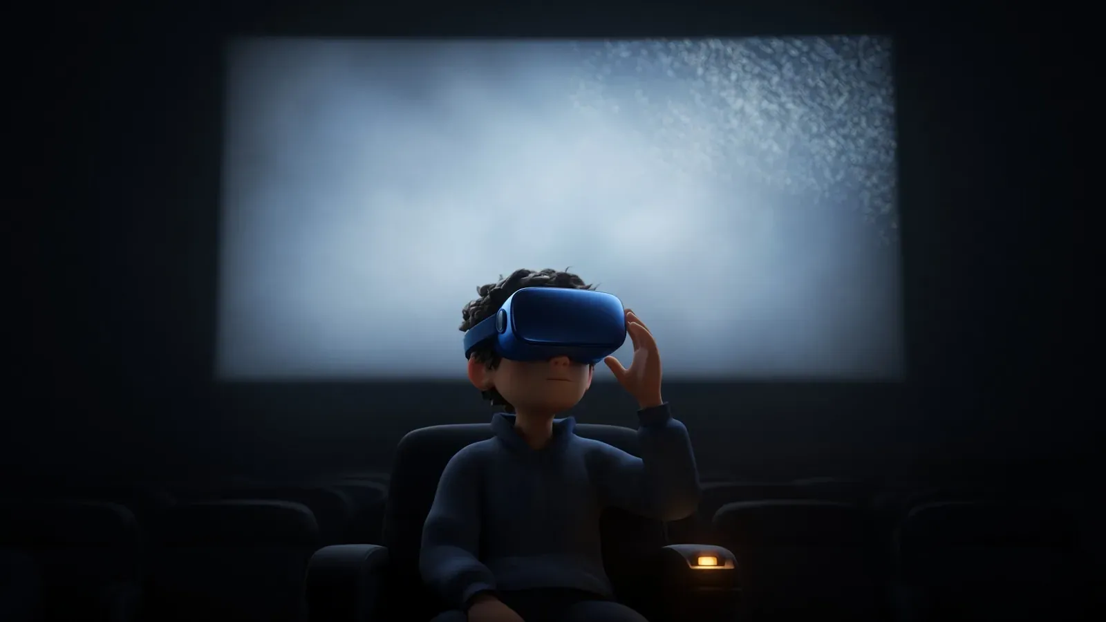 A person wearing a VR headset sits alone in a dark cinema with one hand raised to the side of the headset, facing a screen that is breaking up into static