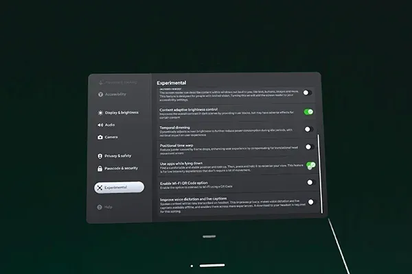 The Meta Quest Experimental settings page with the Use apps while lying down toggle switched on