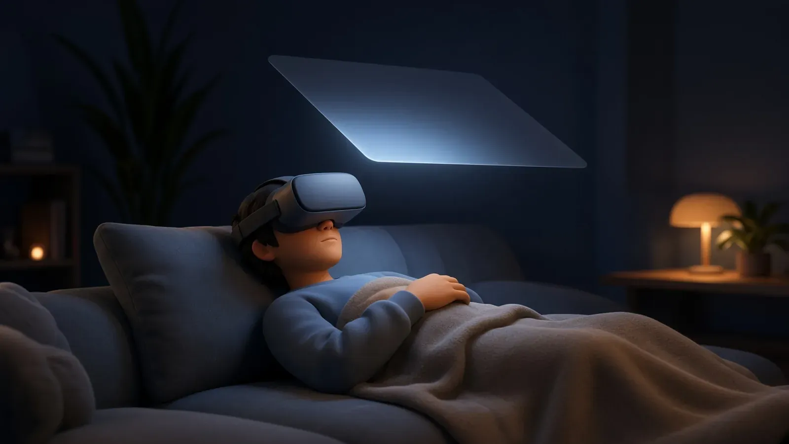 A person lies back on a couch under a blanket wearing a VR headset, with a glowing screen floating above them tilted down toward their face, in a dark living room lit by a small lamp