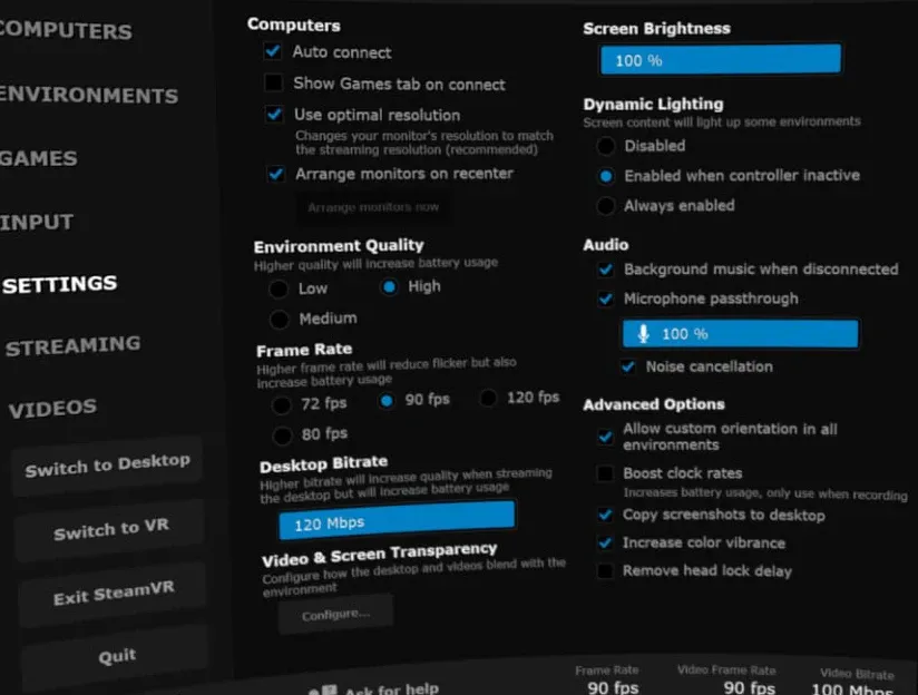 The Virtual Desktop Settings tab with environment quality on High, frame rate 90 fps, desktop bitrate 120 Mbps, and microphone passthrough enabled at 100 percent