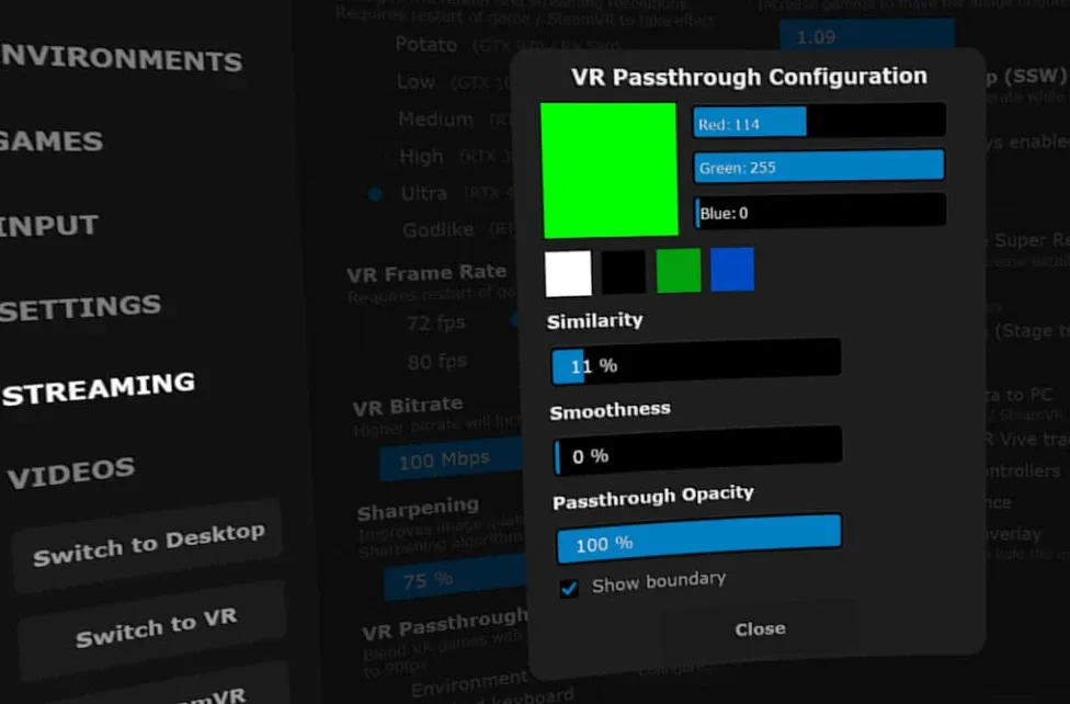 The VR Passthrough Configuration dialog with the key colour set to green at red 114, green 255, blue 0, similarity 11 percent, smoothness 0 percent and passthrough opacity 100 percent