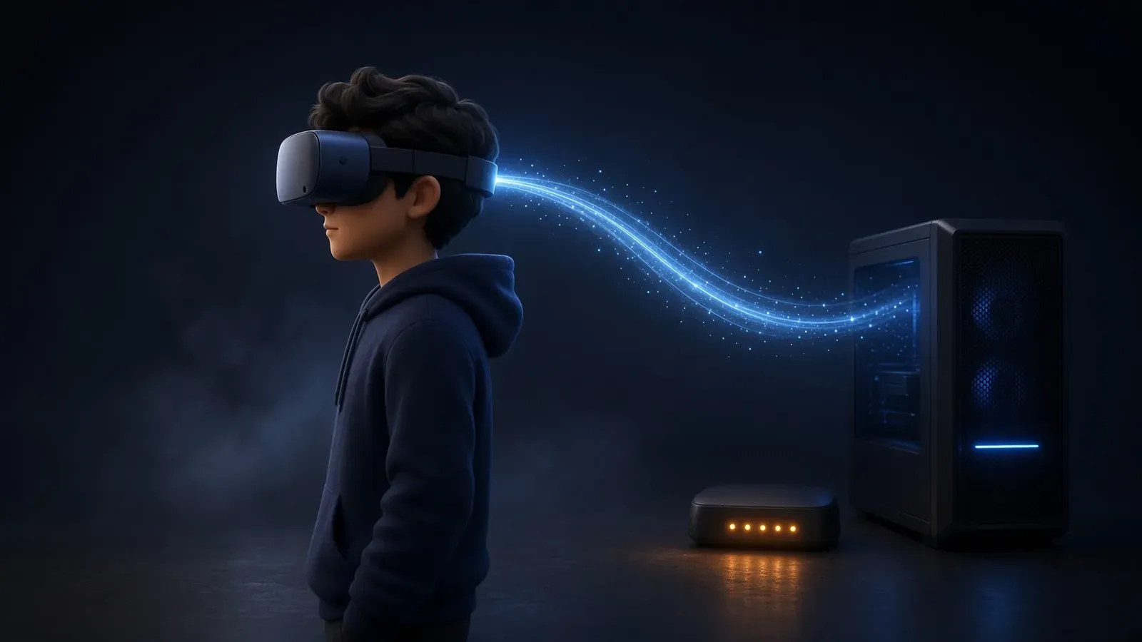 A person wearing a VR headset stands in profile as a trail of blue light arcs through the air from a desktop PC and router behind them to the back of the headset